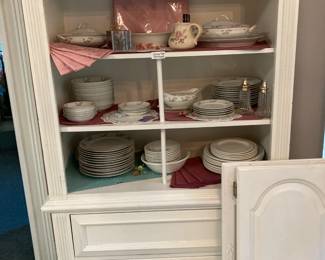 White hutch (needs work), Noritake Nippon Hakone china (pieces sold individually)