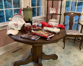 Round oak table $600, Westmark avocado coffee percolator (vintage)