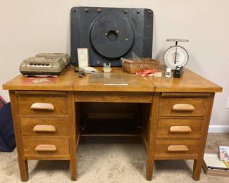 Glover Machine Works typewriter desk $350, Hanson vintage scale $24, Glover Machine Works wooden pattern ($300), DeJUR Grundig stenorette dictation machines ($80 each)