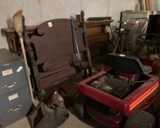 Twin bedframe with slats, King headboard, riding lawn mower