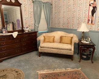 Upholstered loveseat $120, Queen Anne side table $90