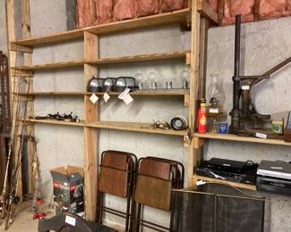 Vintage fishing rods and reels, 3 new Lightolier compact fluorescent lights $24 each, Black & Decker No. 60 Bench Drill Stand $75 (Glover Machine Works)