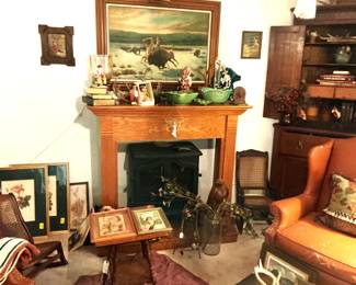 Oak Mantle, fireplace insert, vintage pictures.