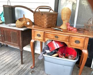 Unfinished Queen Anne writing desk, 19th century buttock basket, picnic basket, woven hat stand, and marble top wash stand.