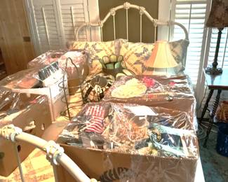 Iron bed and misc. box lots.