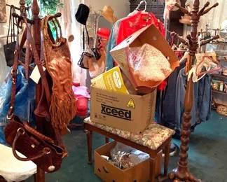 Hat trees, hats, purses, piano bench and mixed box lots.