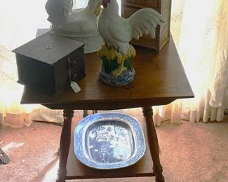 Oak side table with glass claw feet Blue Willow platter, two of many rooster ceramics.