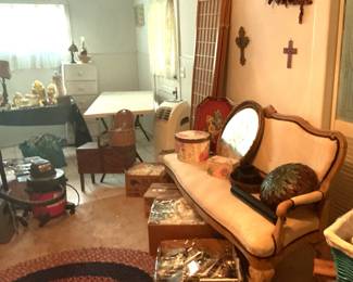 Upholstered antique settee folding wall divider and misc. box lots.
