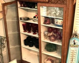Antique Oak Shelved cabinet with glass doors.
