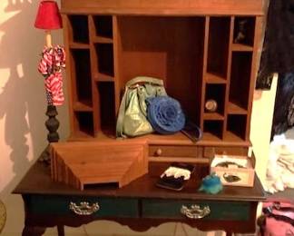 Queen Anne mahogany writing desk and Oak pigeon hole wall unit.