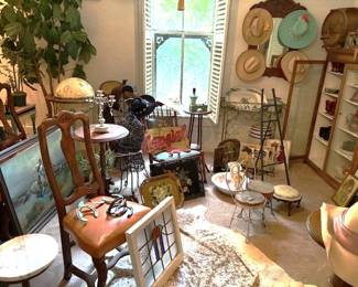 Art, footstools, plant stand, floor globe, chairs, more hats.