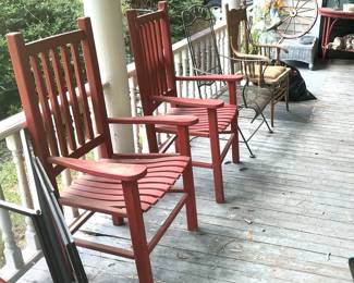 Two Highwood arm chairs, one of two vintage green wrought iron arm chairs and oak armchair.