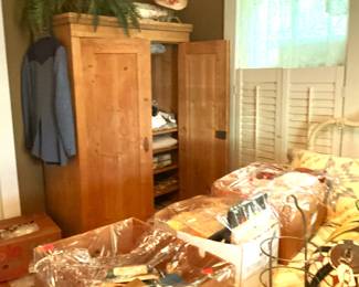 Pine armoire and misc. box lots.