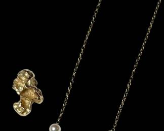 14k Gold Abstract Pendant Dainty Pearl Necklace 3.98g