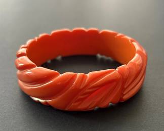 Orange Bakelite Bracelet w Leaf Design 