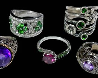  006 Sterling Silver 14k Plated Rings with Purple  Green Gemstones 29.9g