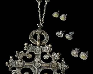 Gothic Boston Sterling Silver Guglielmo Cini Cross Necklace Green Gemstone Earrings 51.6g