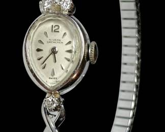  004 14k White Gold Nivada Grenchen Watch w Diamonds 12.4g