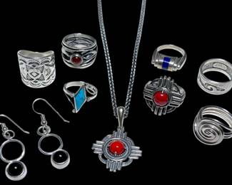 Native American Style Sterling Silver Rings Necklace 71.2g