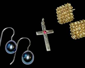 Two 14k Gold Earring Pairs 10k White Gold Cross Pendant