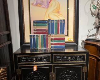 decorative chinese cabinet, books, artwork