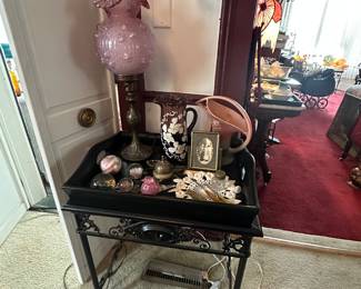 Tray table, paperweights, Roseville pottery vase