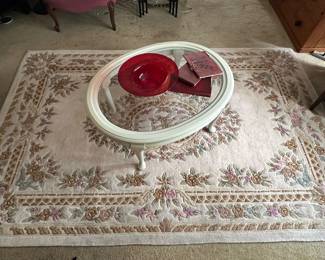 Wool rug, glass top coffee table