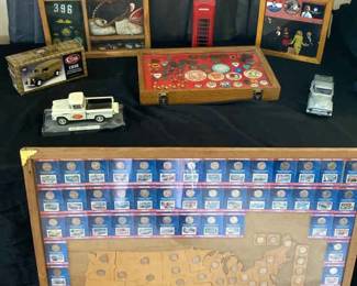State Quarters And Display Shadow Boxes  Political Buttons  Model Trucks 