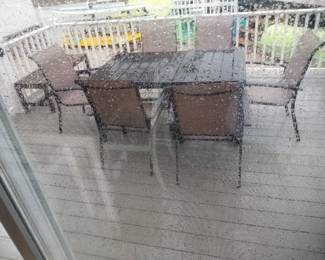Patio dining set seats 6; teak bench
