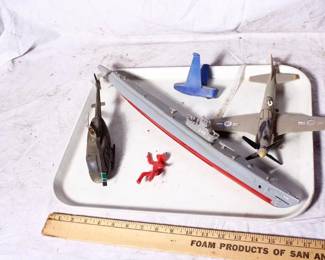 Toy submarine, Fighter, cowboy and helicopter