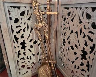VINTAGE ANTIQUE BRASS ORNATE ART DECO FIREPLACE TOOL SET