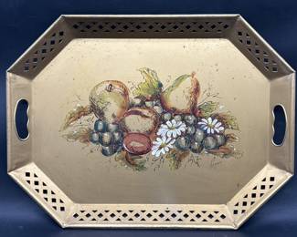 XL Golden Tray w/ Still Life Image & Pierced Sides
