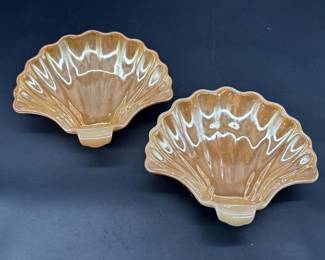 Pair Vintage Orange Lusterware Clamshell Dishes