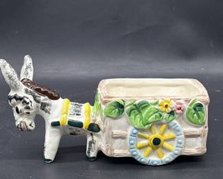 Vintage Ceramic Donkey Pulling Cart Planter