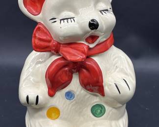 Vtg. Happy Bear Ceramic Red & White Cookie Jar