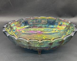 Green Carnival Glass Footed Oblong Fruit Bowl