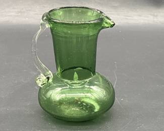Green Art Glass Pitcher w/ Applied Clear Handle