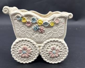 Vintage White Ceramic Baby Carriage Planter