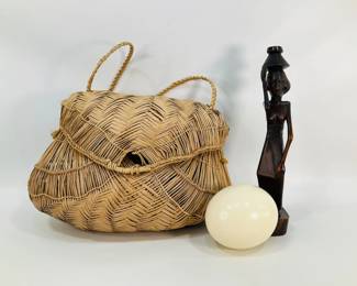 Xavante Carrying Basket, Carved Wooden Statue and Ostrich Egg
