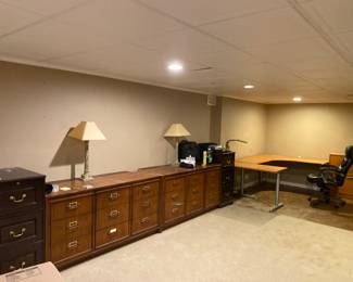 corner desk, wood filing cabinets