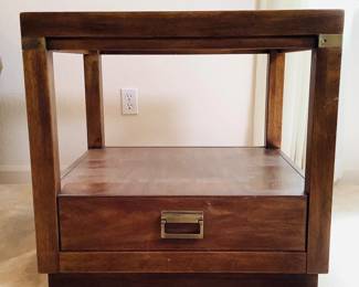 Drexel mid century modern glass top side table measuring H 25" x W 26" x D 26". Some discoloration in one corner. See photos for details.Matches lots 216 and 217.