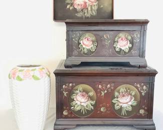 Two (2) decorative wood storage boxes, H 11" and H 15". Matching tray, H 10 1/2" x W 17". Large ceramic vase with floral accent, H 16".