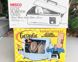George Foreman "Lean, Mean Fat Reducing Roasting Machine", includes original box. Untested. Model GR82. Nesco 12 quart roaster oven, portable and electric. Untested.