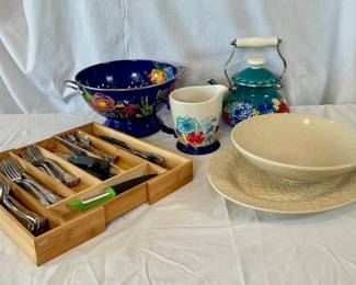 Pioneer Woman teapot, strainer, and ceramic pitcher. Cuisinart flatware which features a rooster design. (Incomplete set) New Beaver Farm Pottery platter and serving bowl.