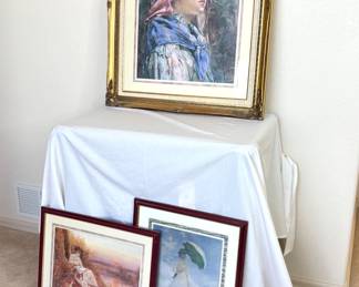"Girl With Bonnet" by J.S. Crompton framed print, H 33" x W 27". Gilded gold frame and double matted. Two framed prints- " Woman with Parasol" by Claude Monet H 22" x W 18" and " A Book at Sunset" by Thomas J. Lloyd H 17" x W 22".