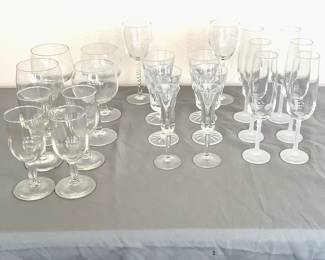 A great start to your next get together! Includes (4) champagne flutes with frosted glass stems, (4) goblets H 6 1/2", (2) aperitif glasses, (4) Gorham cut glass water glasses, and (4) water glasses.