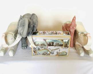 Pair of distressed finish pastel wood carved elephants, H 7" x W 5" x D 13". Red wood carved elephant, made in Thailand, H 12" x W 5" x D 10". Fabric elephant made by Applause, and more. See photos for sampling.