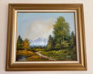 Appears to be an original oil painting depicting a mountain river scene. Artist name appears to read "Rono". H 27" x W 31". Linen mat, wood frame.