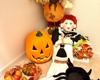 Brand new maid with broom themed vacuum cover. Halloween decor which includes an assortment of pumpkins, a large lit pumpkin (powers on) H 15" x 13" diameter, and more.