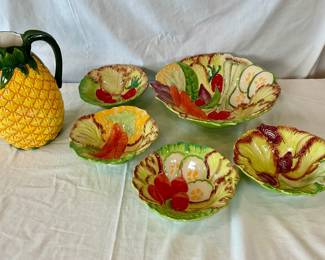 Temptations "Figural Vegetable" salad bowl H 3" x 12" diameter and (4) salad bowls H 2 1/2" x 7" diameter. New in box Palm Chic pineapple pitcher H 10" x 6" diameter.